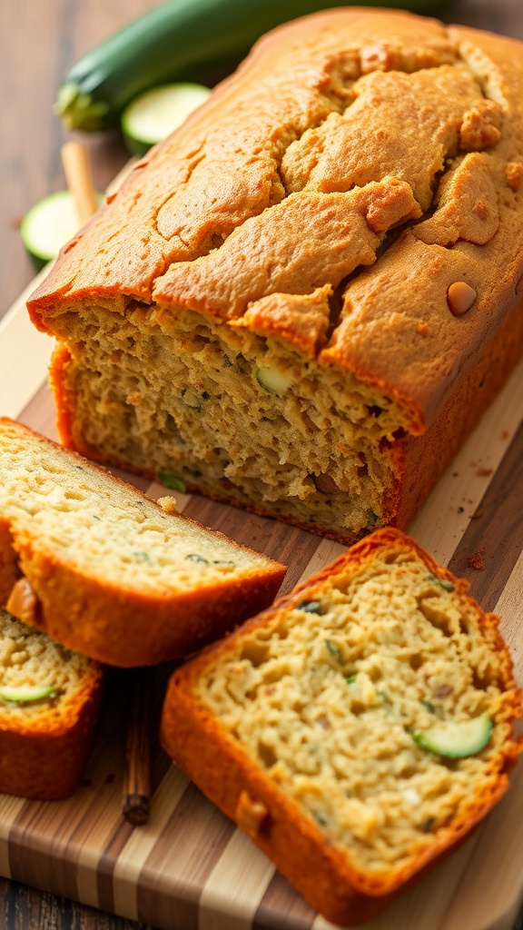 Moist zucchini bread loaf with slices on a wooden board, surrounded by fresh zucchinis and cinnamon.